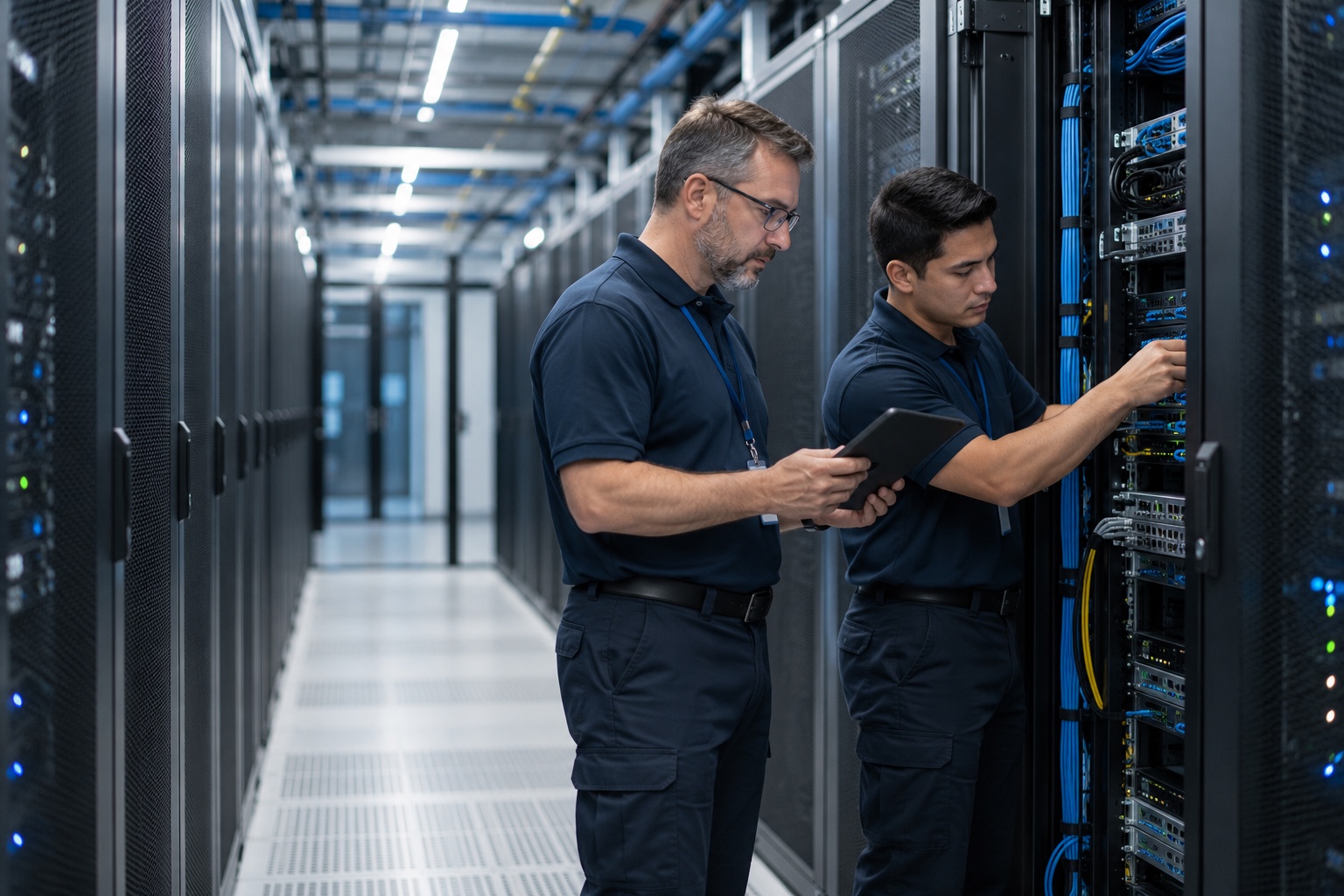 Technical team performing an on-site system check in a data centre