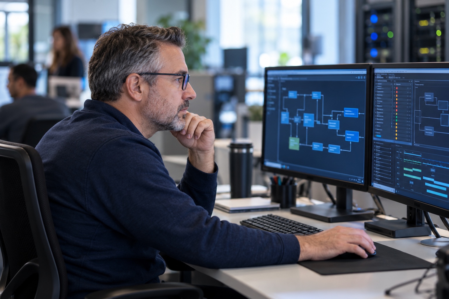 Technical support specialist remotely examining an EDI data flow