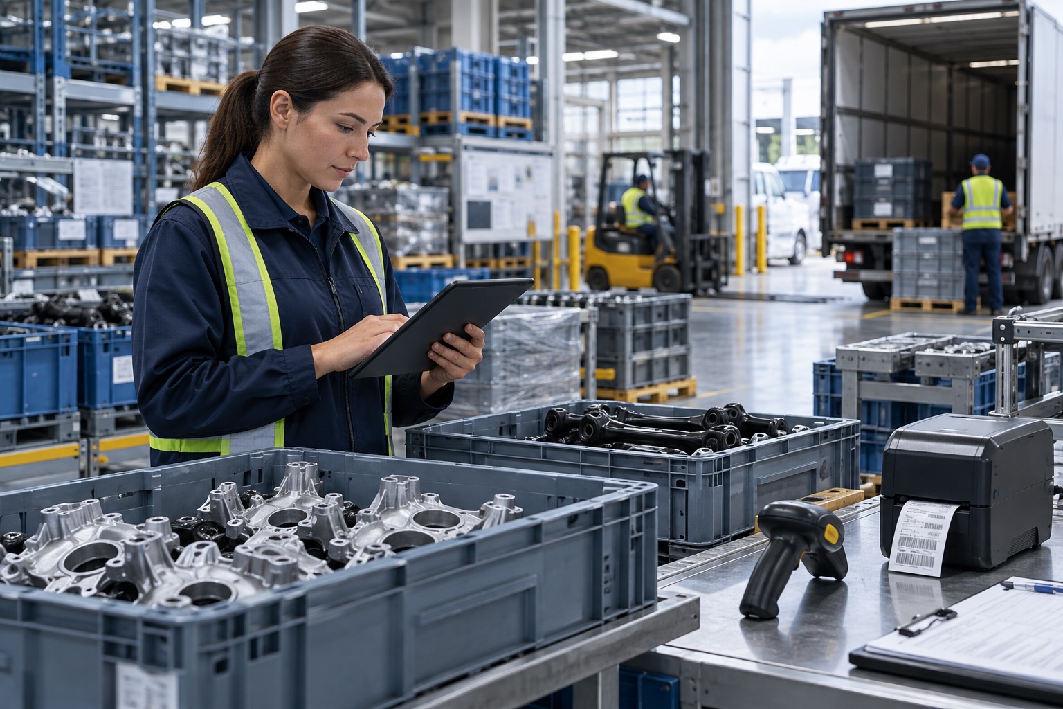 Logistics operator managing automotive parts crates, barcode scanning and shipment preparation