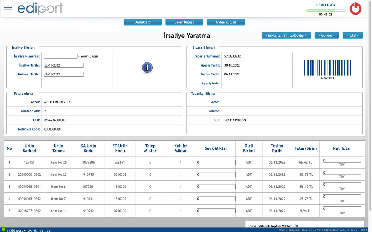EDIPORT waybill creation screen