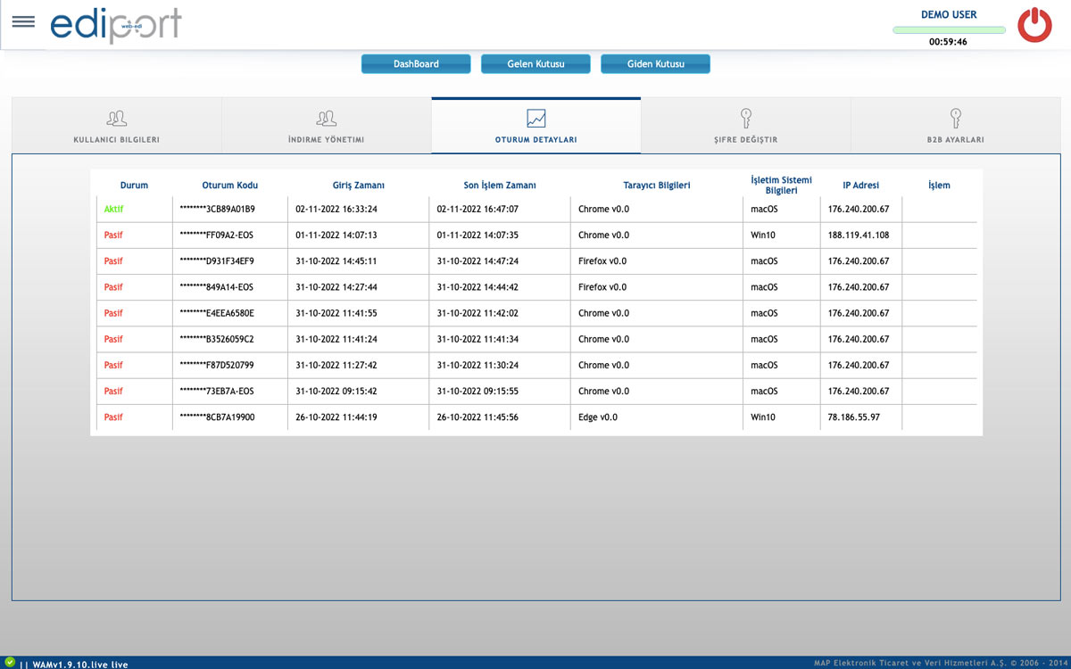 EDIPORT session details screen
